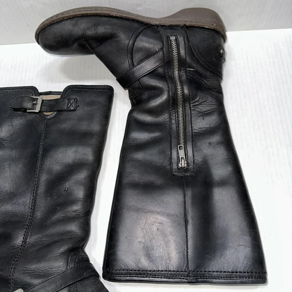 UGG Biker Boots Womens 8 Black Leather Tupelo Mid Calf‎ Zip Buckle Wedge